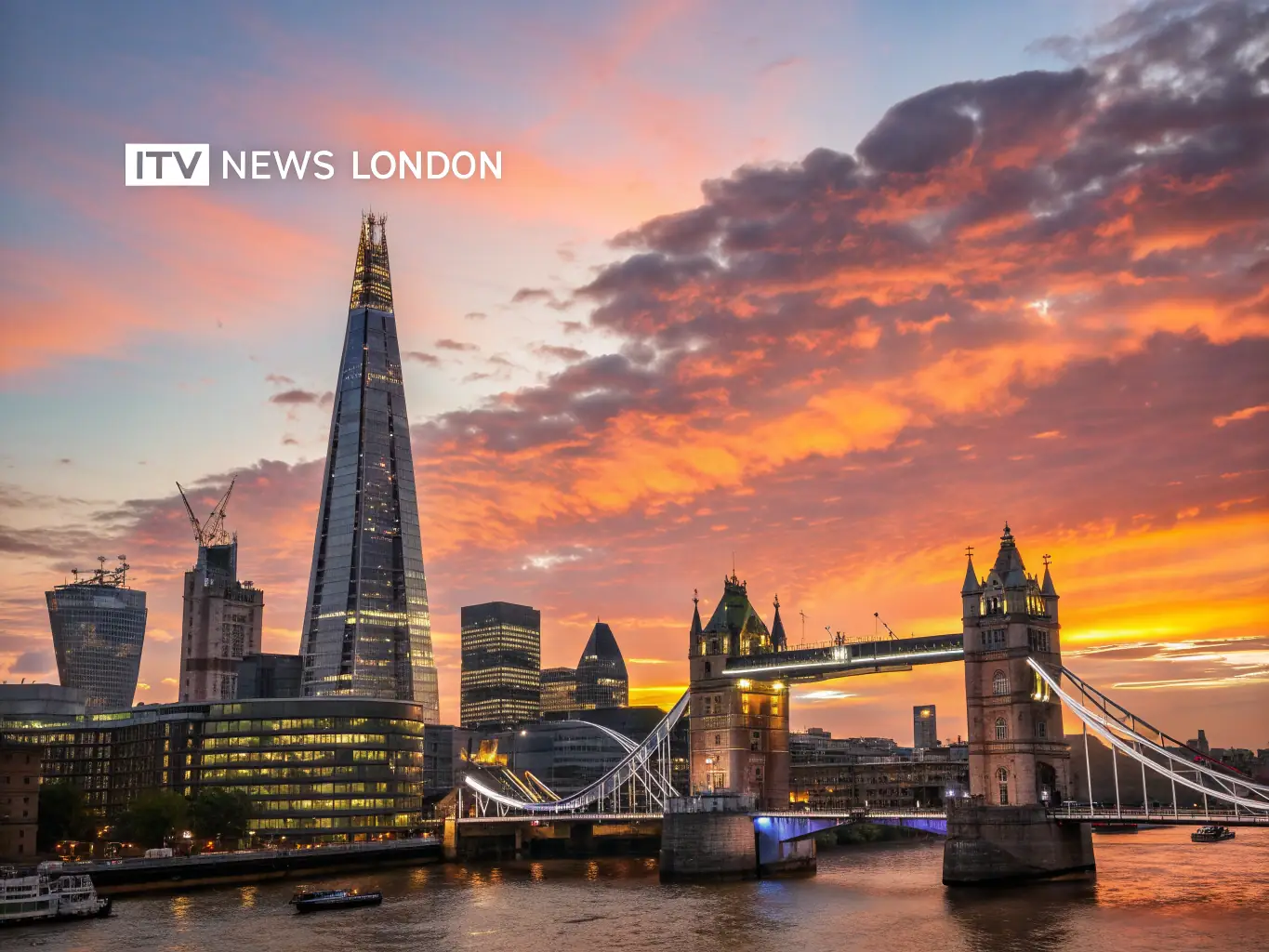 A cityscape of London, England, featuring iconic landmarks like the Tower Bridge and the Shard.